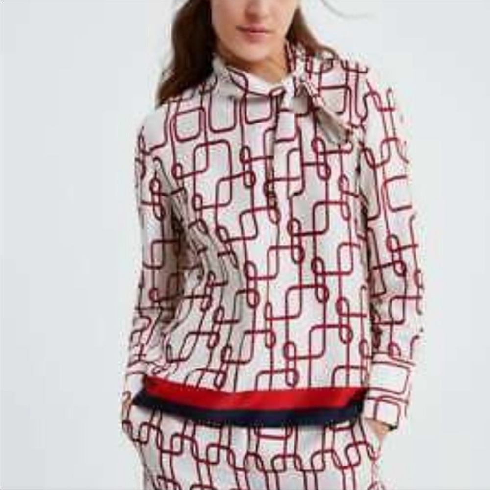 Zara Knot Chain Print Red White Necktie Blouse Size S